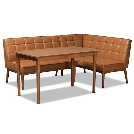 Baxton Studio Sanford Mid-Century Modern Tan Faux Leather and Walnut Brown Finished Wood 3-Piece Dining Nook Set 184-11346-9305-Zoro